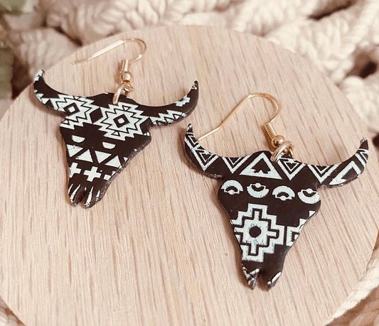 Aztec Black Cowskull Earrings