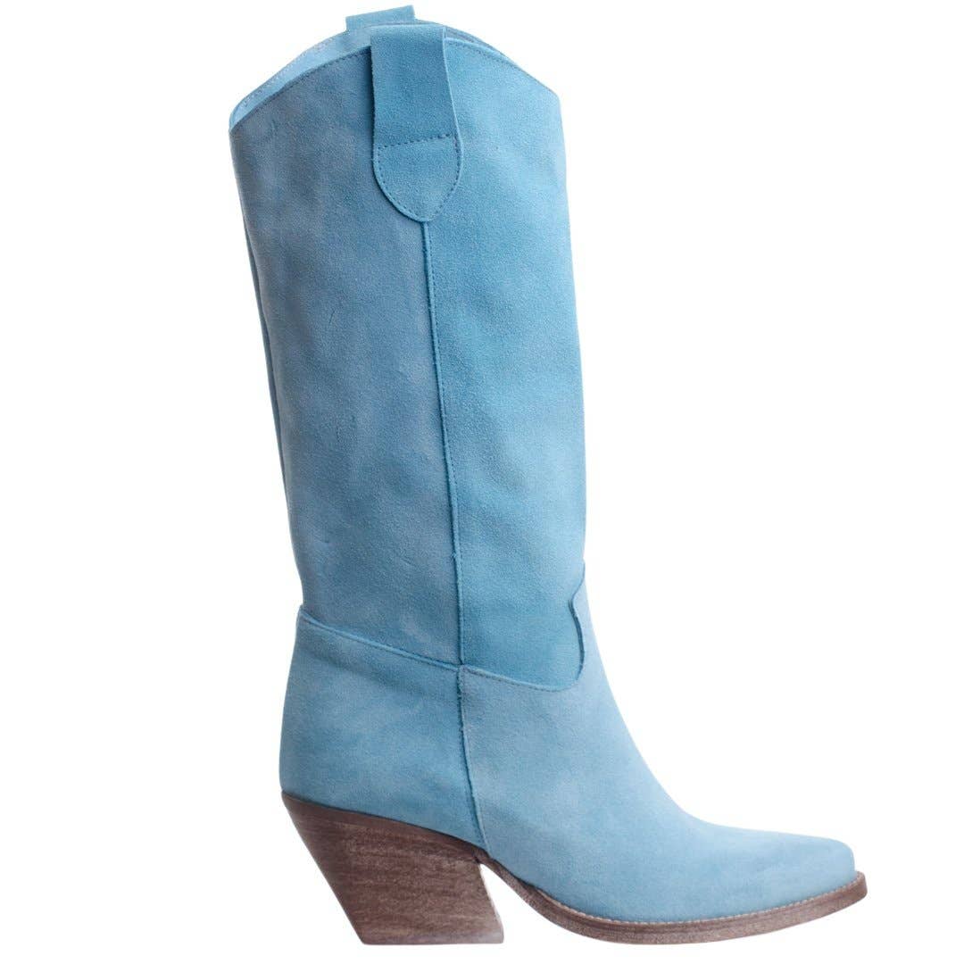 Italian-Made Suede Sweet Blue Leather Cowgirl Boots